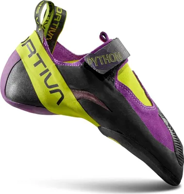 Kletterschuh "Python" von La Sportiva in lila und grün mit asymmetrischem Design und Klettverschluss.