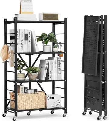 Image de étagère pliante à 4 niveaux Noir - Étagère pour charges lourdes 33x66x117cm - Étagère pliante pour le stockage et l'organisation