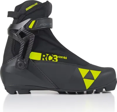 A single black and yellow cross-country ski boot shown from the side against a white background.