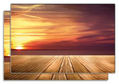 Produktbild von Wallario Frühstücksbrettchen 2er Set aus Glas, je 20 x 30 cm, mit rutschfesten Füßen, Motiv Steg am See - Sonnenuntergang und roter Himmel
