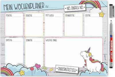 Produktbild von Mein Wochenplaner mit Einhorn Motiv I DIN A4 I Whiteboard Wochen-Kalender Notiz-Liste Organizer I abwischbar I mit selbstklebender Rückseite I dv402