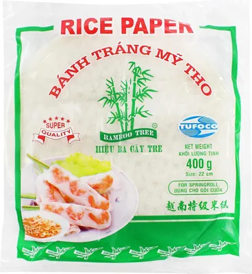 A package of Bamboo Tree Rice Paper for spring rolls.