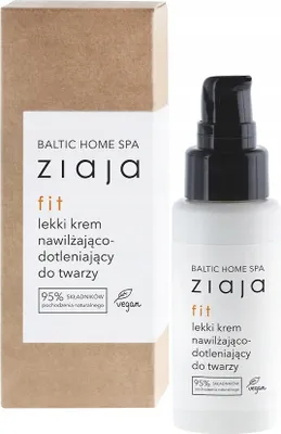 A product shot of a bottle of Ziaja Baltic Home Spa face cream next to its cardboard packaging.