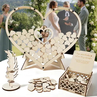 Holz-Gästebuch für Hochzeit, Herzform, 100 Herzchen, Bilderrahmen