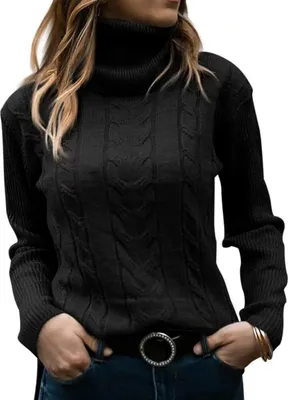 Image de ASKSA Femme Elégant Pull à col roulé Pull casual en maille Jumper Pull à manches longues Sweatshirt Hauts, Noir, L