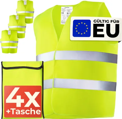 Produktbild von 4 Warnwesten Auto Set mit Tasche – e EN ISO 20471, Europaweit gültig – Ideal für Auto, BAU - Universalgröße - Gelb
