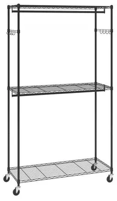 Produktbild von Famanu Kleiderständer - Rollbarer Garderobenständer - 3-lagig - Stabiles Stahlgestell - 204 cm hoch - Tragkraft 182 kg - Mit Ablagen und Stangen -