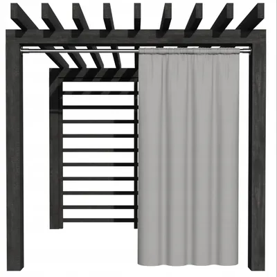 A dark gray pergola with a light gray curtain hanging from it.