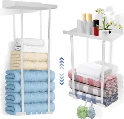 Obrázek produktu pro Držák na ručníky – nástěnná tyč na ručníky – výškově nastavitelná 35–75 cm – nerezová ocel – samolepicí, bez vrtání – 3 háčky