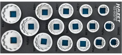 Obrázek produktu pro Sada nástrčných klíčů Hazet 3/4 (20 mm) čtyřhranové duté, vnější dvojitý šestihranný profil, 16 dílů, 7/8 - 2