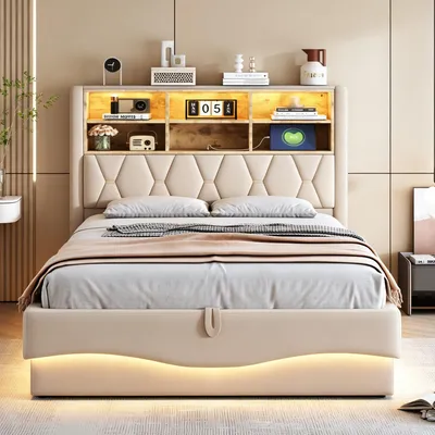 Obrázok produktu pre Postel okwish 140×200 s LED osvetlením ovládaným cez aplikáciu, posteľ pre mládež s USB portami a otvorenými zásuvkami, jednolôžková posteľ s úložným priestorom, farba: béžová, bez matraca
