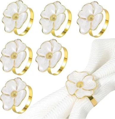Produktbild von Famanu Serviettenringe 6 Stück Zinklegierung mit Blumenmotiv - Gold, Weiß