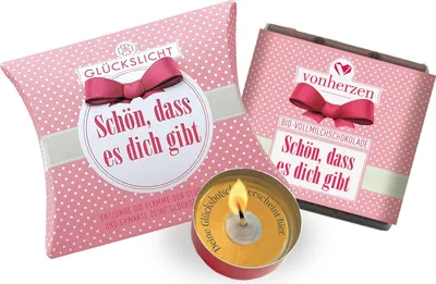 Produktbild von SET Glückskerze mit Überraschungsbotschaft & -Vollmilchschokolade | Schön, dass es dich gibt | Feines Geschenkset mit Licht für besondere Menschen