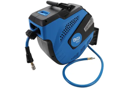 A blue and black automatic air hose reel with a hose extended.