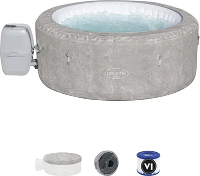 An inflatable hot tub with its control unit and accessories shown against a white background.