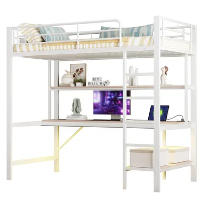 Produktbild von Hochbett mit Regal, Schreibtisch und LED-Beleuchtung, 90x200 cm, Metallbett mit USB Anschlüssen und Steckdosen