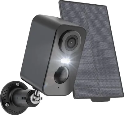 A black security camera with a solar panel attached, shown on a white background.