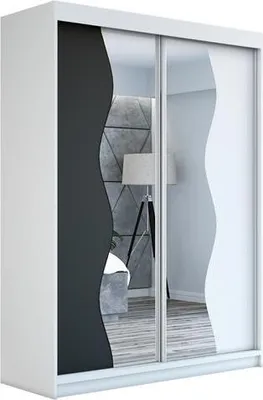 A modern sliding door wardrobe with mirrored doors and a black wavy insert.