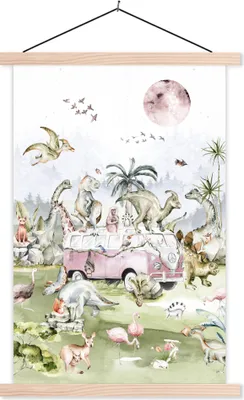 Produktbild von MuchoWow® Textilposter Dinosaurier - Kinder - Bus - Bäume - Tiere - Kinder 40x60 cm mit holzfarbenen Rahmen - Poster