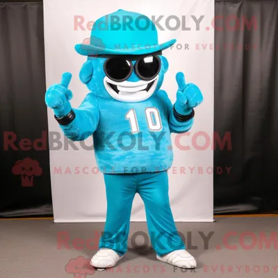 Produktbild von Cyan REDBROKOLY American Football Helm Maskottchen Kostüm Charakter gekleidet mit einer Anzughose und Sonnenbrille