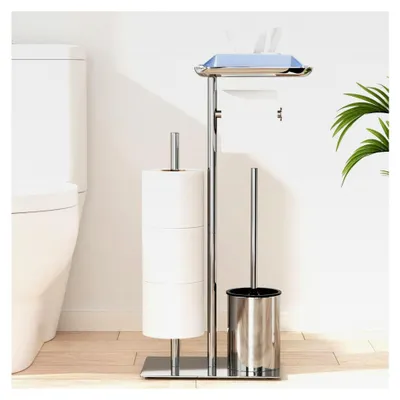 Produktbild von Stehender Toilettenpapierhalter in Silber mit Bürste - WC Garnitur mit Halterung, Ablage und Toilettenbürste