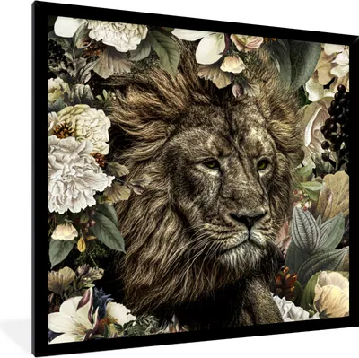 Produktbild von MuchoWow® MuchoWow® Gerahmtes Poster Löwe - Blumen - Blatt 40x40 cm - Poster mit zchwarzem Bilderrahmen - Mit Rahmen - Wanddekoration Schlafzimmer