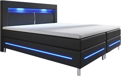 Produktbild von Juskys Boxspringbett Norfolk 200 x 200 cm – LED Beleuchtung, Bonell-Matratzen, Topper & Kunstleder – 66 cm Komforthöhe – Schwarz – Bett Doppelbett