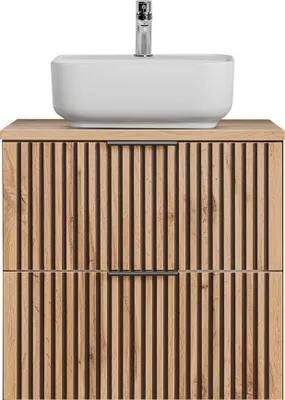 Produktbild von Badezimmer Waschtischunterschrank 60 cm mit Keramik Aufsatzwaschbecken XANTEN-56 in anthrazit mit Eiche Nb. schwarz gerillt, B/H/T: ca. 60,6/73,2/46,5 cm