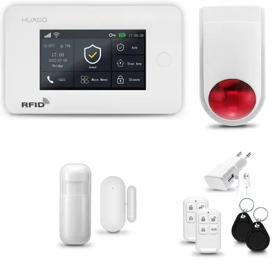 Immagine prodotto di HUXGO HXA006 Sistema di allarme per la casa, WiFi + GSM 4G, con sirena wireless. Include un sensore di movimento e un sensore per porte e finestre, controllabile tramite l'app Tuya Smartlife