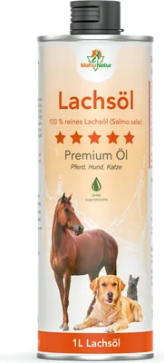 Produktbild von Lachsöl für Hunde und Katzen 1 Liter - Natürlich Nativ mit Omega 3 & Omega 6 Fettsäuren - Fischöl Hunde als Barf Ergänzung von Senior bis Welpen - 1000ml Recyclebare Dose ohne BPA