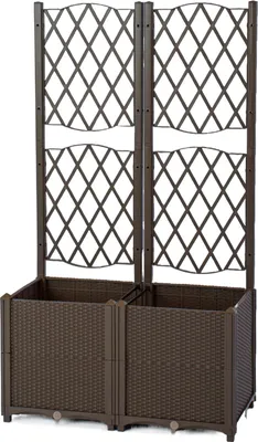 Produktbild von GOPLUS Blumenkasten mit Rankgitter, Hochbeet mit Spalier für Kletterpflanzen & Topfpflanzen, Braun, 80 x 40 x 140 cm
