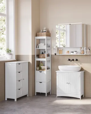 Produktbild von VASAGLE Spiegelschrank Bad mit Beleuchtung, Waschbeckenunterschrank, Badezimmerschrank, Hochschrank Badezimmer, 4er Set, verstellbare Ablage