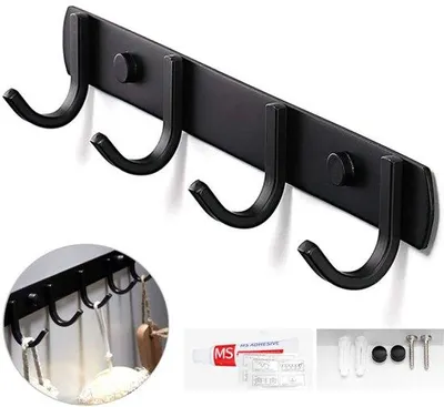 Produktbild von Hakenleiste - Kleiderhaken - mit 4 Haken - Hängesystem für Küchenschiene - Rostfrei - 29cm - Wandhaken - Mit Schraubenpackung - Hängehaken