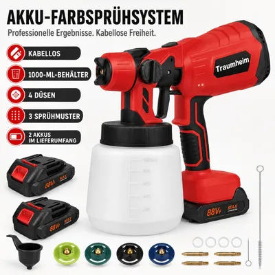 Produktbild von 1000ml Akku Farbsprühsystem,Elektro Farbsprühgerät, Wandfarbe Farbspritzpistole,210W kabellose elektrische Spritzpistole,4 Düsen,mit 2 Akkus Rot