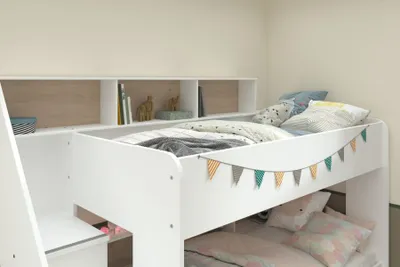 Produktbild von Etagenbett Parisot "Bibop" weiß und Eiche Hochbett mit 2x Liegefläche 90x200 cm, Stauraum