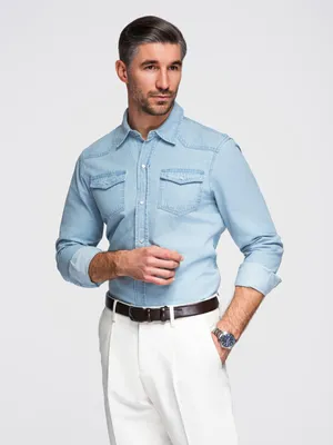 Produktbild von Herrenhemd aus Jeans mit Knöpfen und Taschen - hellblau L