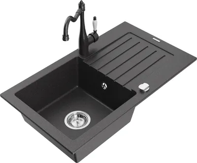 Produktbild von Mexen Pablo 1 Becken-Granitspüle mit Abtropffläche und Mischbatterie Carla, Schwarz gesprenkelt - 6510-76-670700-76