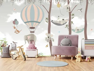 Obrázok produktu pre Deco-Wall | Fototapeta do detskej izby | Motívy balónov a zvierat | 200x135 cm | Tapeta na stenu | Nálepky na stenu pre deti
