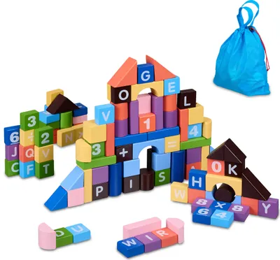 Image de Relaxdays - Jeu de construction, lot de 108 blocs avec sac de rangement, lettres, chiffres, blocs en bois pour les enfants à partir de 3 ans, colorés