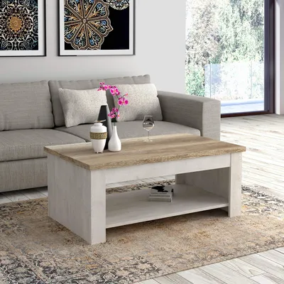 Image de Table basse >Duro< rabattable 76,3cm, pin blanc / chêne - 110x45,2/67,3x65cm (l/h/p)