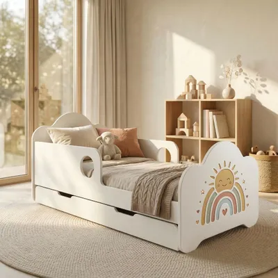 Obrázek produktu pro Dětská postýlka Happy Babies s ochrannou bočnicí pro chlapce, 160 x 80 cm, do dětského pokoje, se zásuvkou, matrace, jednolůžko pro děti, bílá, barevné samolepky