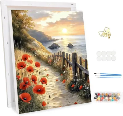Produktbild von Malen nach Zahlen mit Rahmen, Landschaft Blumen, 40x50 cm, für Erwachsene