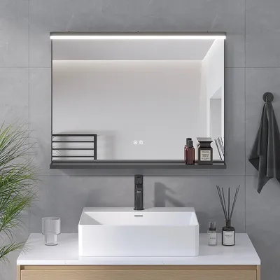 Produktbild von LED Badspiegel 80x60 cm mit Beleuchtung Touchschalter Anti-Beschlag Badezimmerspiegel Aluminiumrahmen Matt Schwarz Wandspiegel mit Ablage