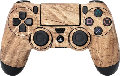 A PlayStation 4 controller with a wood-grain sticker applied.