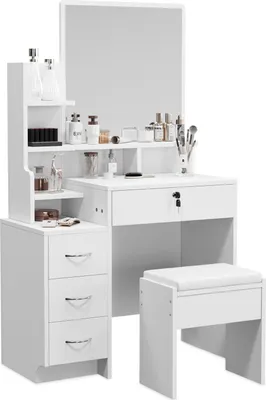 Produktbild von Dripex Schminktisch Weiß mit Hocker Spiegel Frisiertisch Kosmetiktisch, 4 Schubladen 144x40x87 cm
