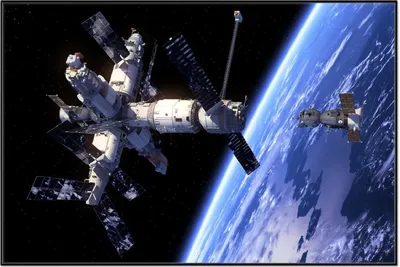 Produktbild von Wallario Wandbild Raumfahrt - Raumstation und Raumschiff im Weltall, Größe: 61 x 91,50 cm, Poster mit schwarzem Aluminiumrahmen