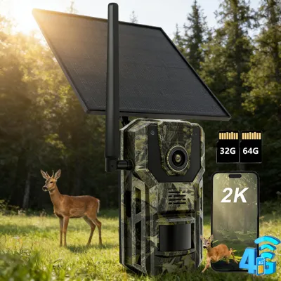 Produktbild von 4G LTE Wildkamera mit App & Bewegungsmelder 2K Solar Überwachungskamera Aussen mit SIM Karte 7800mAh Akku No-Glow-Nachtsicht Kamera GPS mit 32G & 64G