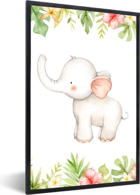 Produktbild von MuchoWow® Gerahmtes Poster Elefant - Blumen - Aquarell 40x60 cm - Poster mit Schwarzem Bilderrahmen Wandposter Rahmen Foto Bilder - Papierdruck - Wandbilder