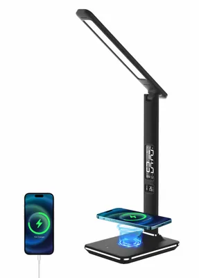 Zdjęcie produktu dla Czarna lampa stołowa LED Immax KINGFISHER Qi z bezprzewodowym ładowaniem Qi i USB