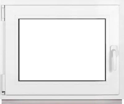 A white window frame with a clear glass pane, shown against a white background.